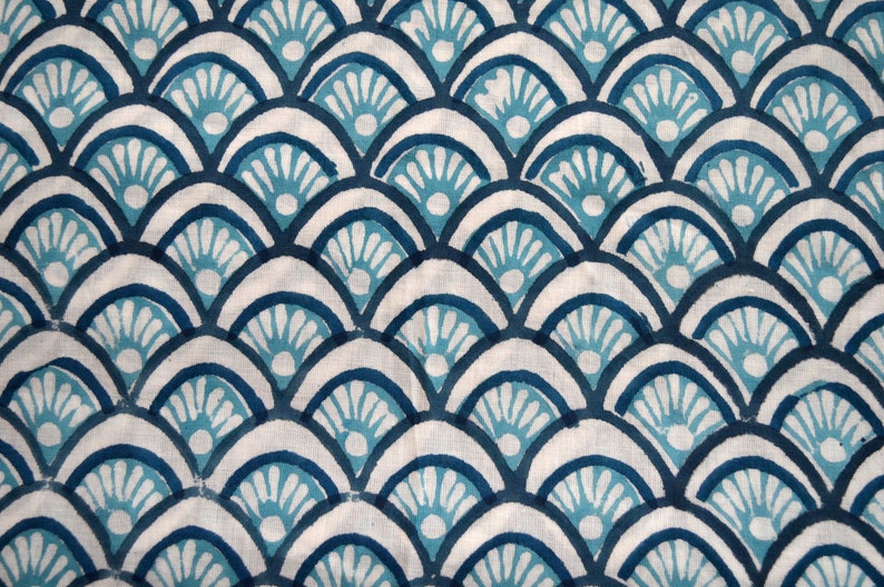 Aqua Blue Beautiful Cloud Print Fabric, Cotton Fabric, Hand Block Print Fabric, India Fabric Sold By Yard, Fine Print Fabric, Textile fabic image 1