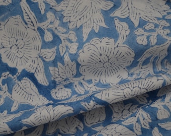 Blue Floral Hand Block Print Fabric: 100% Cotton Dressmaking Fabric