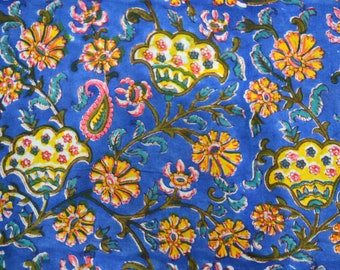 Blue Floral Block Print Cotton Fabric: Indian Fabric By The Yard