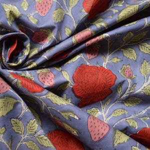 Red Rose floral print bohemian fabric in 100% pure cotton, hand block print Indian textiles, soft & breathable material sold by the yard image 3