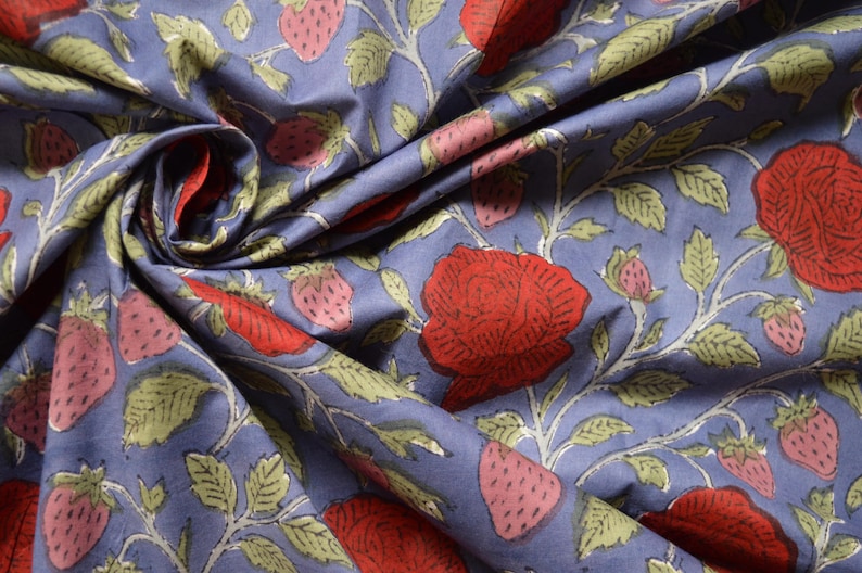 Red Rose floral print bohemian fabric in 100% pure cotton, hand block print Indian textiles, soft & breathable material sold by the yard image 3
