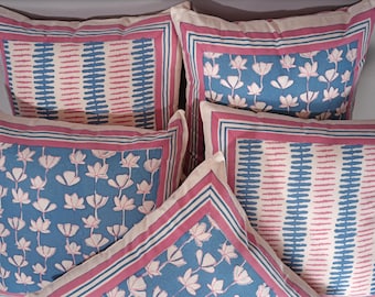 Hand Block Printed Floral Pillow Cover: Indian Cotton Cushion