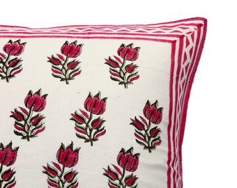 Block Printed Cushion Cover: Indian Floral Pillow, 16x16"