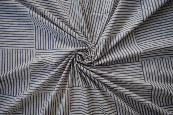 Black Stripe Block Printed Cotton Fabric: Hand-Printed Dress Material