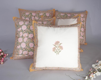Floral Block Print Pillow Cover Set: Indian Cotton Cushion, Bohemian Farmhouse Decor