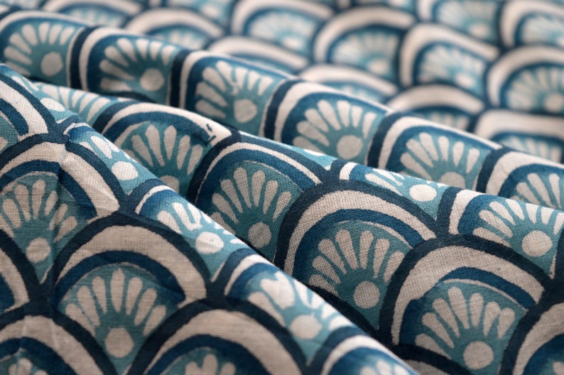 Aqua Blue Beautiful Cloud Print Fabric, Cotton Fabric, Hand Block Print Fabric, India Fabric Sold By Yard, Fine Print Fabric, Textile fabic image 2