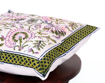 Floral Block Print Cushion Cover: Indian Decor Pillow (16x16")