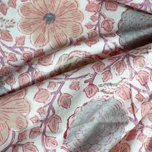 Floral Block Print Cotton Fabric: Peach, Purple, and Green