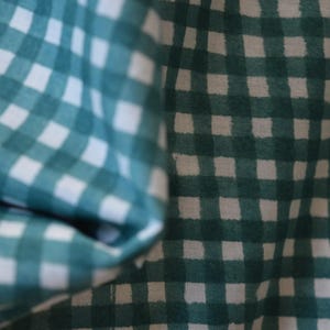 Green and White Gingham Hand Block Printed Cotton Fabric | Indian Checkered Fabric by the Yard for Quilting, Sewing, Home Décor