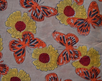Butterfly Block Printed Cotton fabric from India, Soft Hand Block Print Indian Cloth, Fabric by the yard, Women's Clothing fabric