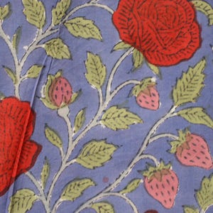 Red Rose floral print bohemian fabric in 100% pure cotton, hand block print Indian textiles, soft & breathable material sold by the yard image 4