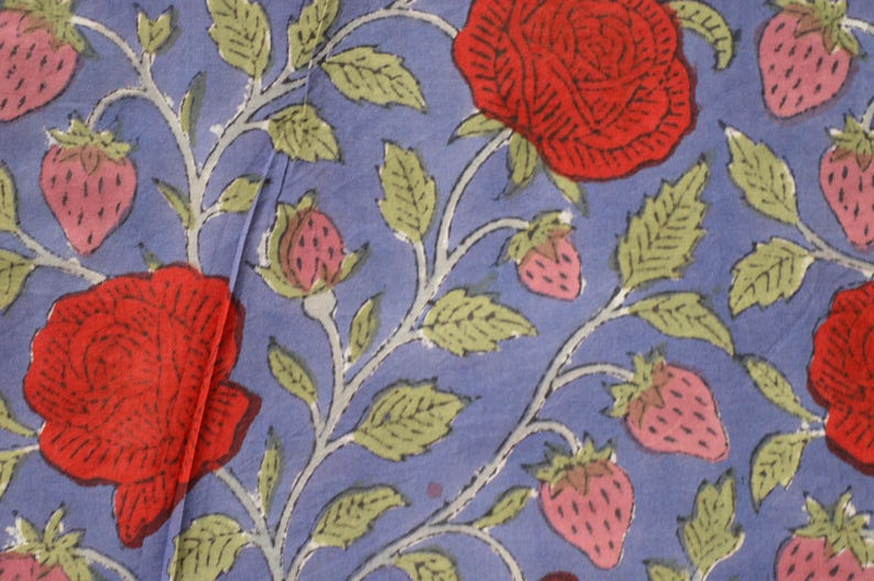 Red Rose floral print bohemian fabric in 100% pure cotton, hand block print Indian textiles, soft & breathable material sold by the yard image 4