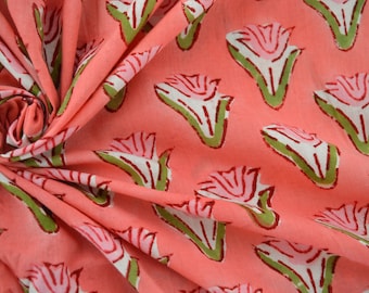 Green and  Pink cotton fabric, Beautiful Mughal Print Fabric, Block Print fabric, India Fabric by the yard, Floral Print, Dress fabric