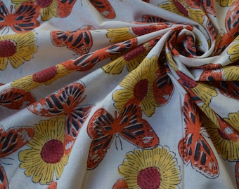 Women's Clothing fabric, Butterfly Block Printed Cotton fabric from India, Soft Hand Block Print Indian Cloth, Fabric by the yard