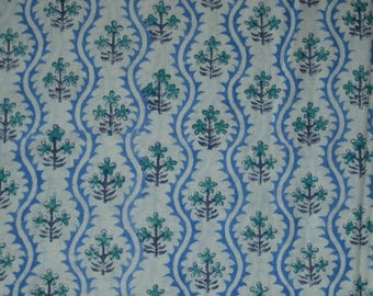 May include: A repeating pattern of teal floral motifs and wavy blue lines on a white background. The design is reminiscent of traditional block printing, suitable for fabric or wallpaper.