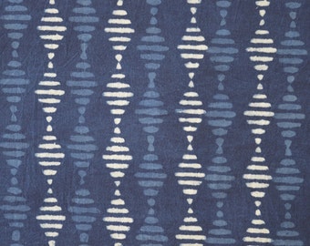 May include: Blue fabric with a white and blue geometric pattern. The pattern is made up of repeating diamonds with horizontal lines inside.