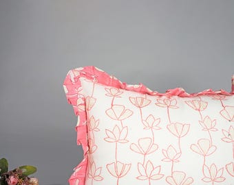 Floral Block Print Cotton Cushion Cover: Bohemian Frill Pillow