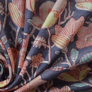 Pu&ograve; includere: Primo piano di un tessuto blu con stampa floreale. Il tessuto &egrave; decorato con fiori e foglie rosa, gialli e bianchi.