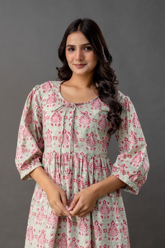 sachin and babi light blue dress Cotton Dress Hand Block Print, Summer Dresses With Puffy Sleeves, Bohemian  Chic Dress 100% Handmade Indian Fabric Dress