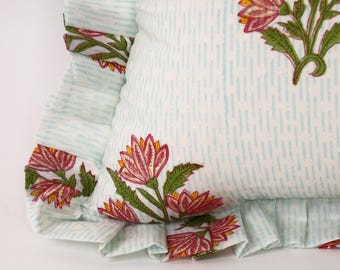Hand Block Printed Cotton Pillow Cover: Boho Frill Cushion