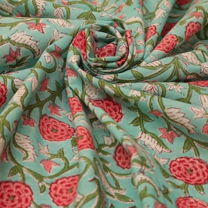 Sea Green Floral Print Fabric, Block Print Fabric, India Fabric, Printed Cotton Fabric, Fabric by yard, Hand Block Print,Sewing dress fabric