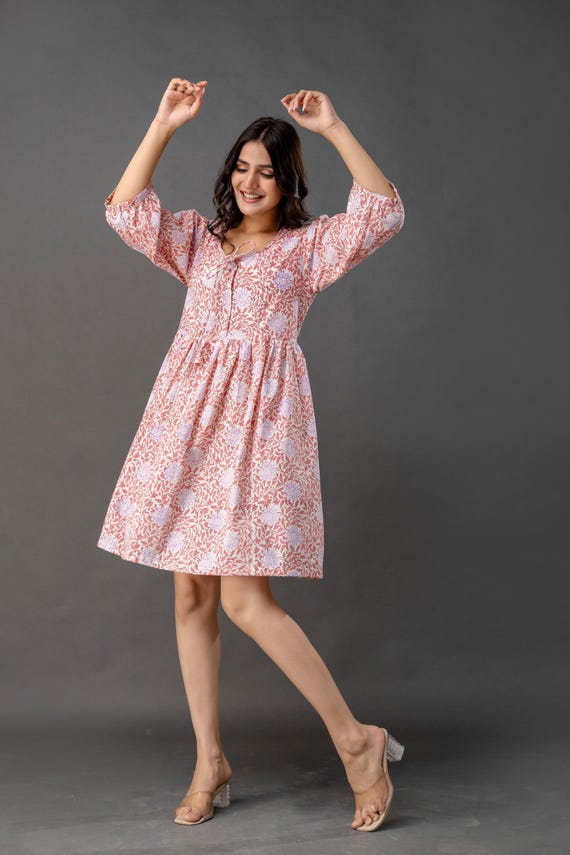 block print mini dress Floral Hand Block Print Mini Dress: Bohemian Cotton Puffy Sleeve Dress