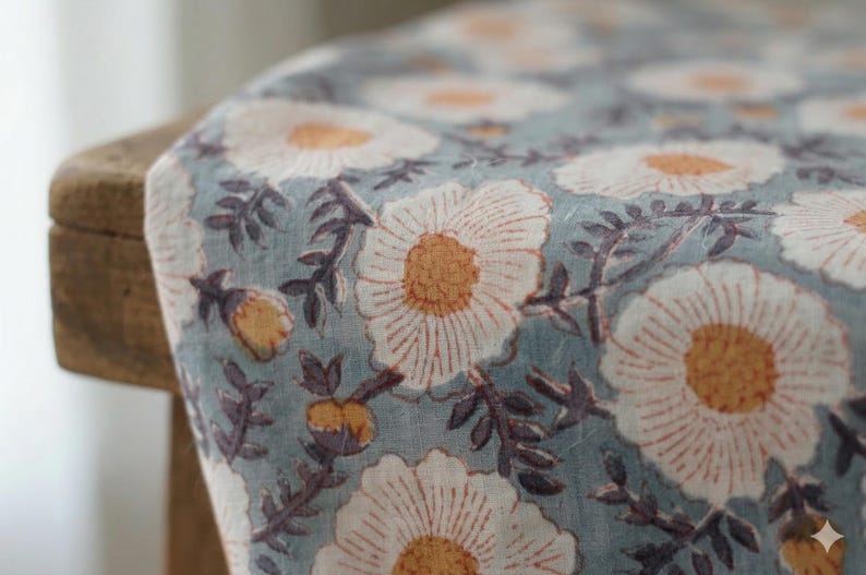 Daisy Flower Hand Block Print Cotton Fabric by the Yard, Jaipur Indian Floral Block Print Textile, Women fashion Dressmaking Sewing Material image 3