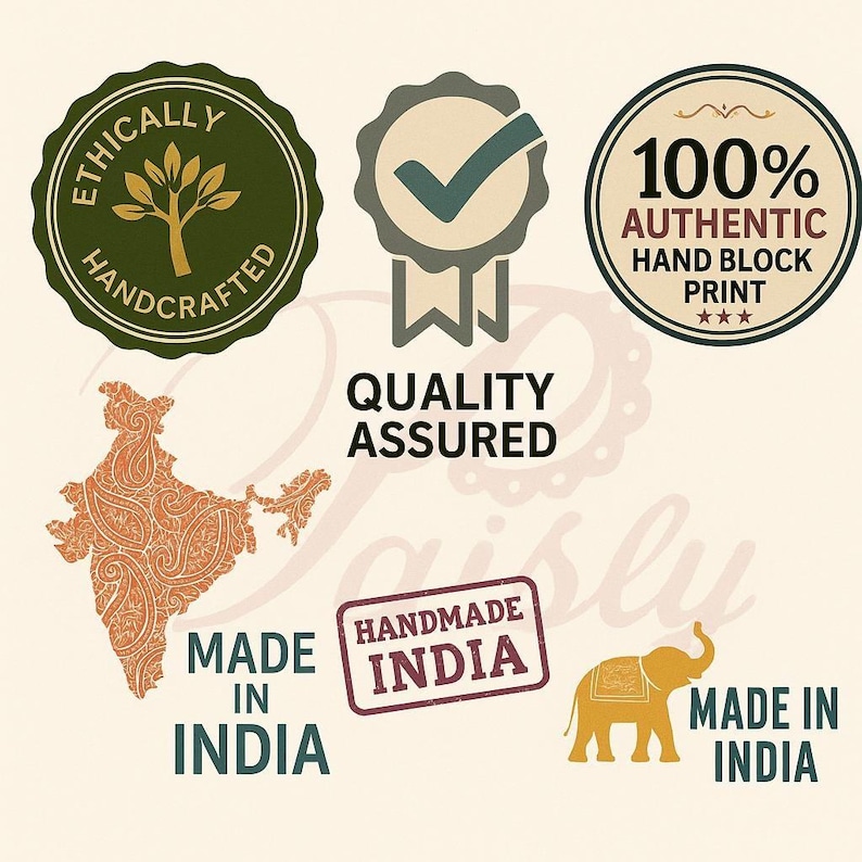 May include: Image featuring several circular and rectangular seals with text. The seals include phrases like "Ethically Handcrafted," "Quality Assured," and "100% Authentic Hand Block Print." Other text includes "Made in India" and "Handmade India."