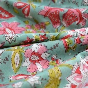 Pink Green Beautiful Print Floral Fabric, Cotton Fabric, Hand Block Print Fabric, India Fabric Sold By Yard, Fine Print Fabric,Yellow Fabric