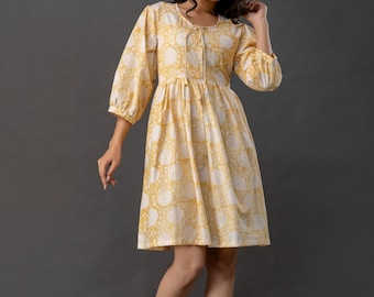 Yellow Cotton Hand Block Print Dress, Summer Dress with Puff Sleeves, 100% Handmade Mini Dress, Indian Textiles, Bohemian Chic Dress