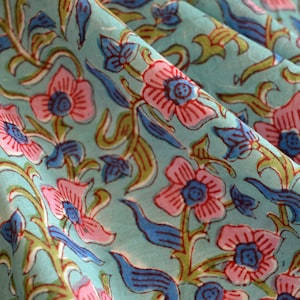 Floral Block Print Indian 100% Pure Cotton Fabric, Green Beautiful India Fabric by the yard, Women&#39;s Clothing, Hand Block print fabric