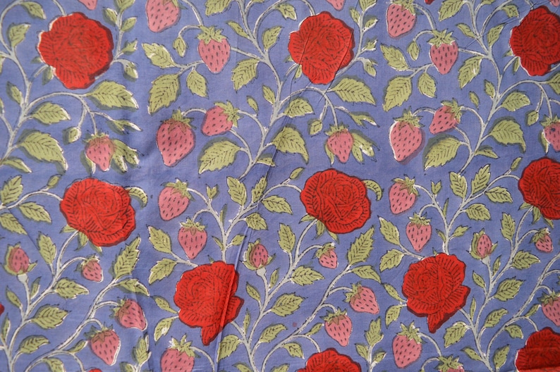 Red Rose floral print bohemian fabric in 100% pure cotton, hand block print Indian textiles, soft & breathable material sold by the yard image 5