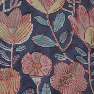 Pu&ograve; includere: Un tessuto blu con un motivo floreale. I fiori sono rosa, gialli e rossi con un contorno bianco. Le foglie sono verdi e blu.