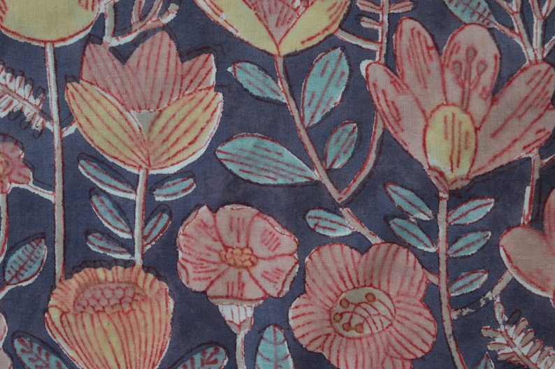 Pu&ograve; includere: Un tessuto blu con un motivo floreale. I fiori sono rosa, gialli e rossi con un contorno bianco. Le foglie sono verdi e blu.