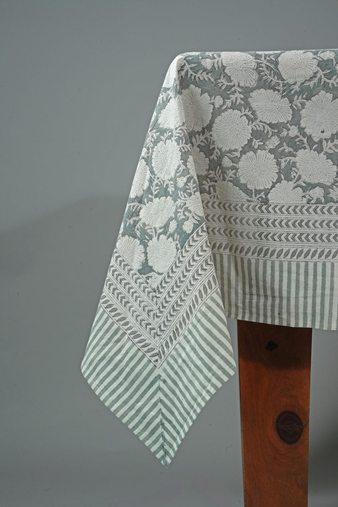 Grey Floral Hand Block Print Table Cover, Rectangular Kitchen Table Cover, Indian Tablecloth ...