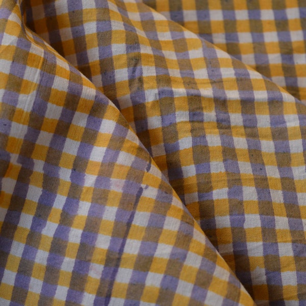 Stripe Yellow Cotton Block Print fabric Checks Block Printed Cotton Fabric from India Fabric by the yard, Women's Clothing fabric Gingham