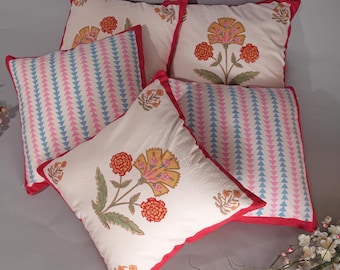Botanical Block Print Pillow Cover: Indian Cotton Cushion, Set of 5