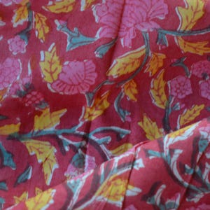 Red Floral Block Print Cotton Fabric: Soft Dressmaking Material