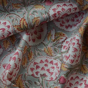 Olive Green floral print fabric by the yard, 100% Cotton Hand Block Print, Women sewing Dress fabric, soft, breathable & lightweight fabric