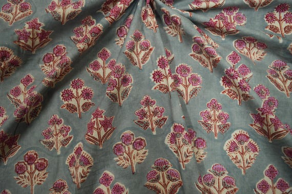 Mughal Floral Hand Block Print Fabric: Gray, Pink, Green Cotton