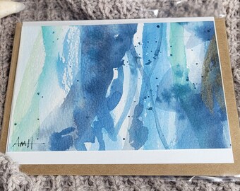 Original Abstract Greeting Card, 4.5" x 5.5 " Folded Card with Envelope, Watercolor on 140 lb Paper, Handmade, Blank Card, Blue