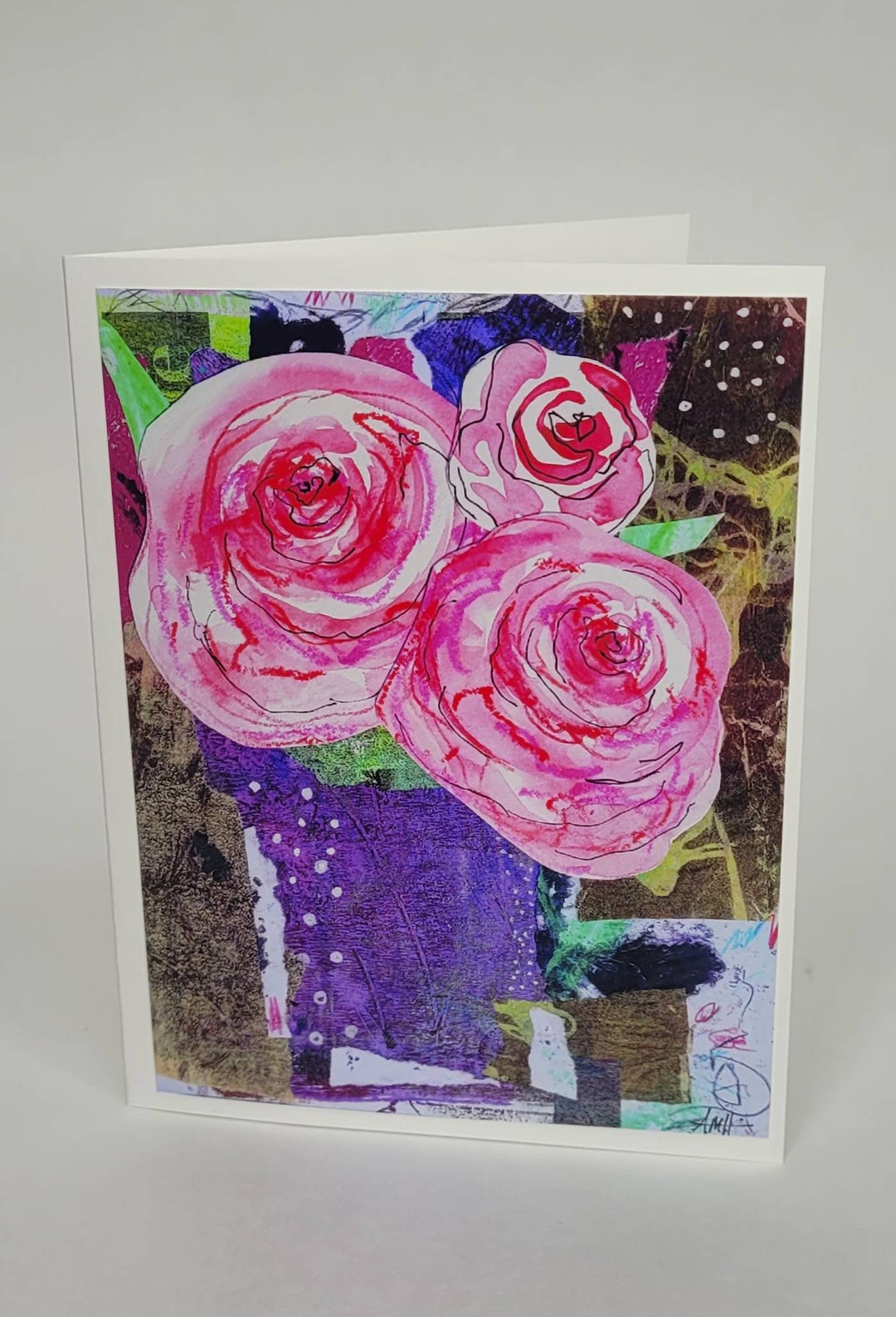 Pink Roses College Pink Roses Collage Greeting Card, Purple Vase, Floral Art Card - Etsy