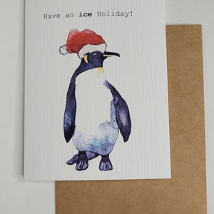 Two Pack Penguin Christmas Card in Santa Hat | Watercolor Prints | Punny Cards | Greeting Card 5.5 x 4.5&quot; Envelope and Sticker |  Card Set