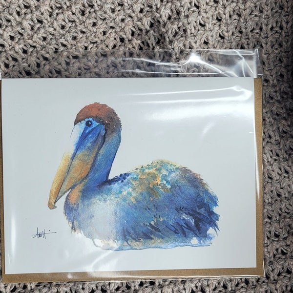 Two Pack Pelican Note Card, 4.5" x 5.5, Watercolor Print with Envelope and Sticker, Blank Note Card