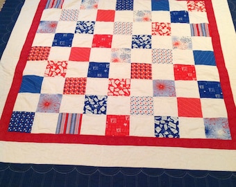 Red, white, and blue patchwork Americana patriotic quilt
