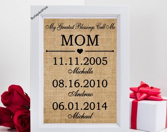 My greatest blessings call me Mom- Dad  personalized burlap print gift, Mother's day gift for mom, present for parents