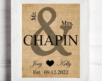 Mr. and Mrs. sign- gift for couple, Rustic burlap Wedding gifts, Wedding decor prints, Personalized Family Name Sign with Est Date- 8P