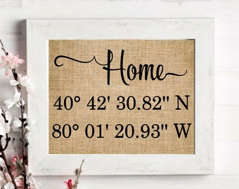 Our first home personalized print, home coordinates burlap print, New home décor - valentine gift -gift for her or him, gift for couple,