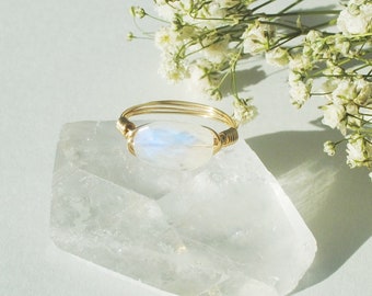 Rainbow Moonstone Ring - Index Finger Ring - Wire Wrapped Ring / 14K Gold Fill Or 925 Sterling Silver - Different Sizes Available