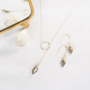 Labradorit Lariat Halskette / 22 ”Halskette spitze Marquise-Kette Lariat 14k Gold Fill Sterling Silber Kreis Halskette